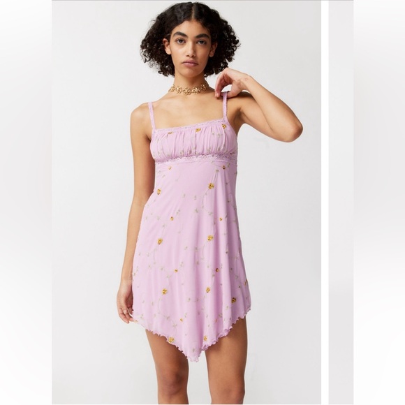 Urban Outfitters | Nikita Embroidered Hanky Hem Mini Dress NWT Medium Pink Rose - Picture 1 of 8